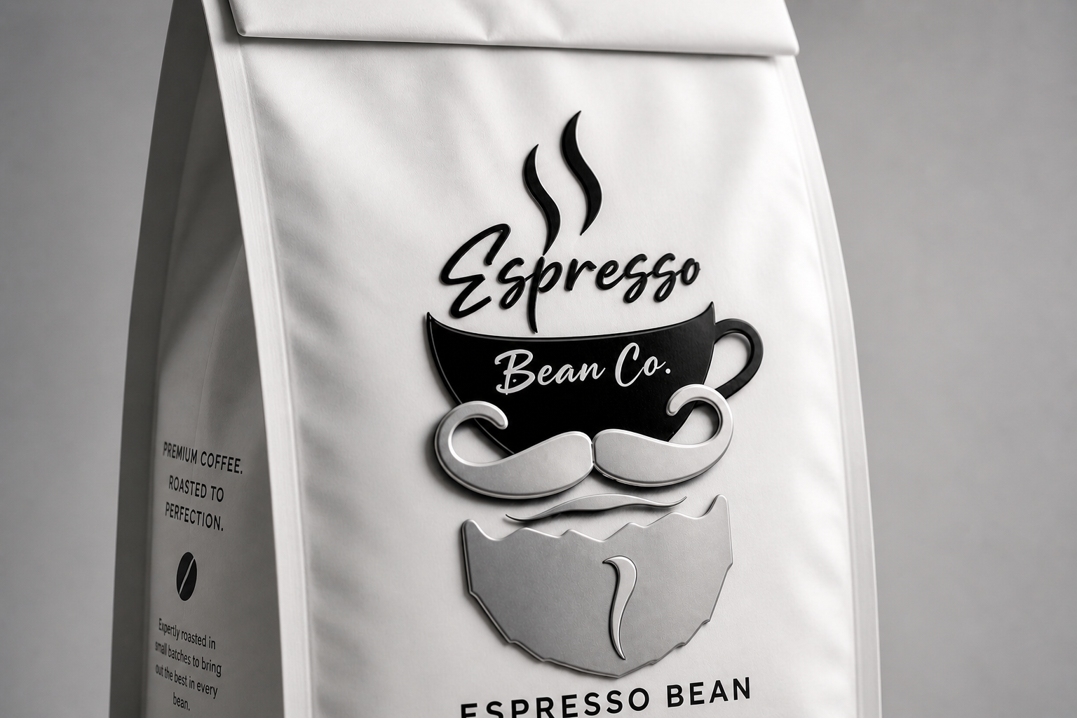 Coffee bag from Espresso Bean Co. with branding and logo on a gray background